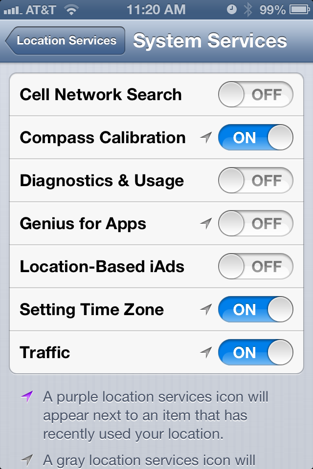 iPhone screenshot with more than half of the system services off